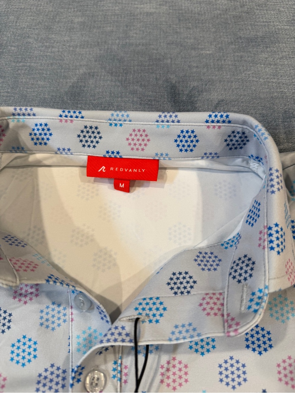 Redvanly Men's Grey Polo Shirt with Blue & Pink Geo Print - Picture 2 of 2